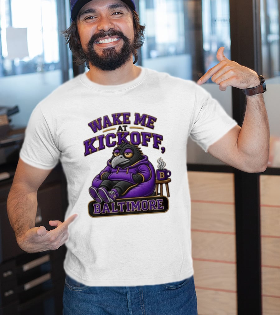 Wake Me At Kickoff Baltimore Purple Bird With Coffee T-Shirt