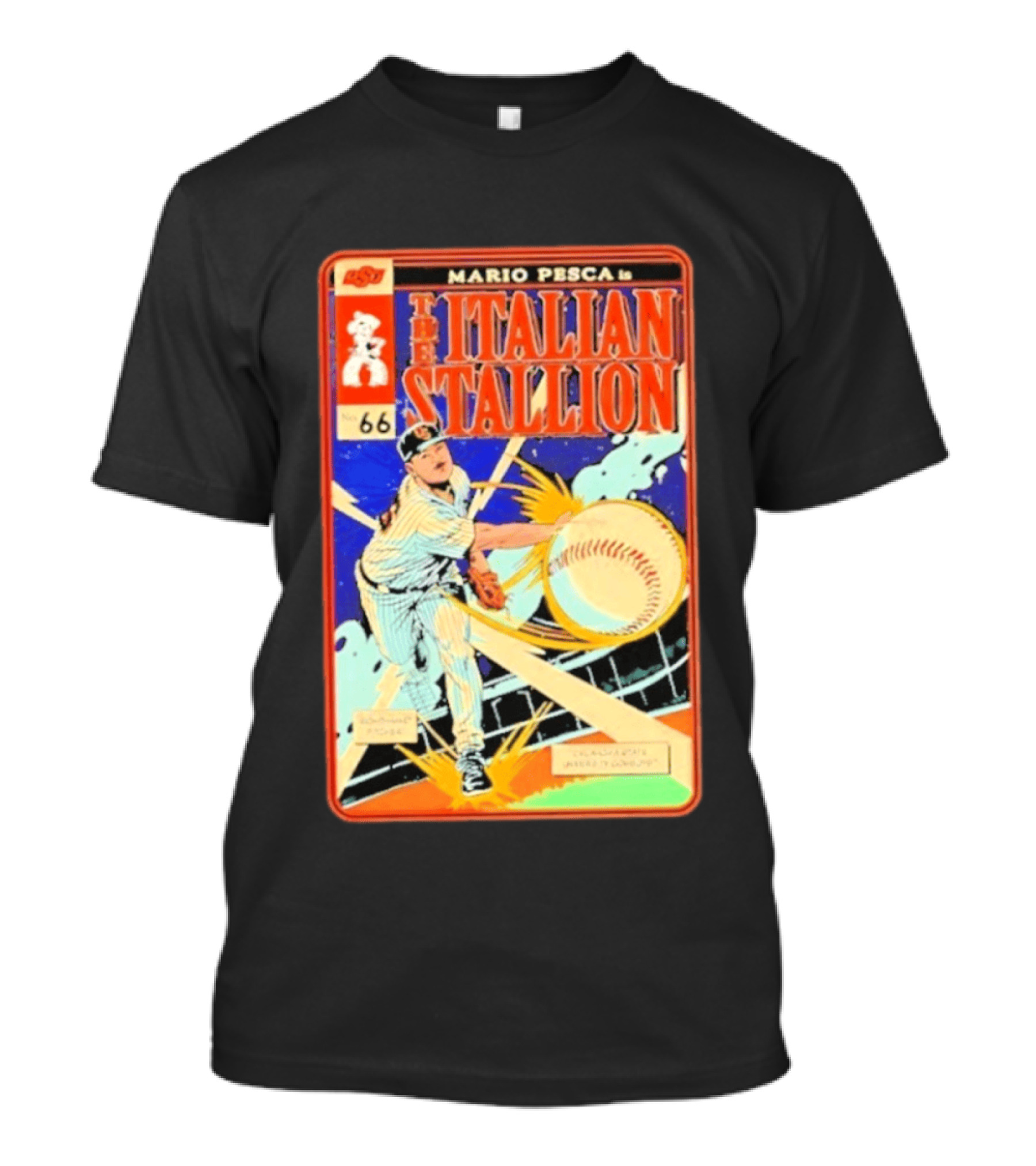 Mario Pesca The Italian Stallion Comic No 66 Oklahoma State Cowboys Baseball T-Shirt