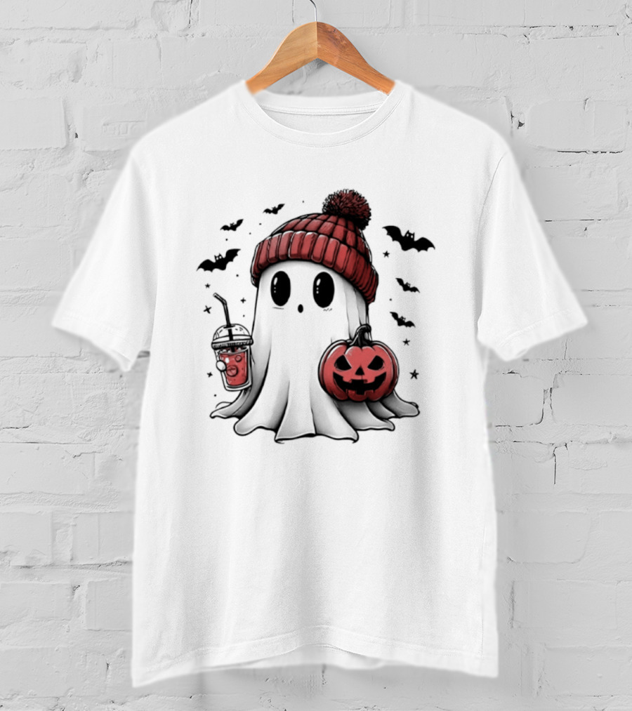 Ghost In Beanie With Pumpkin And Coffee Halloween 2026 T-Shirt