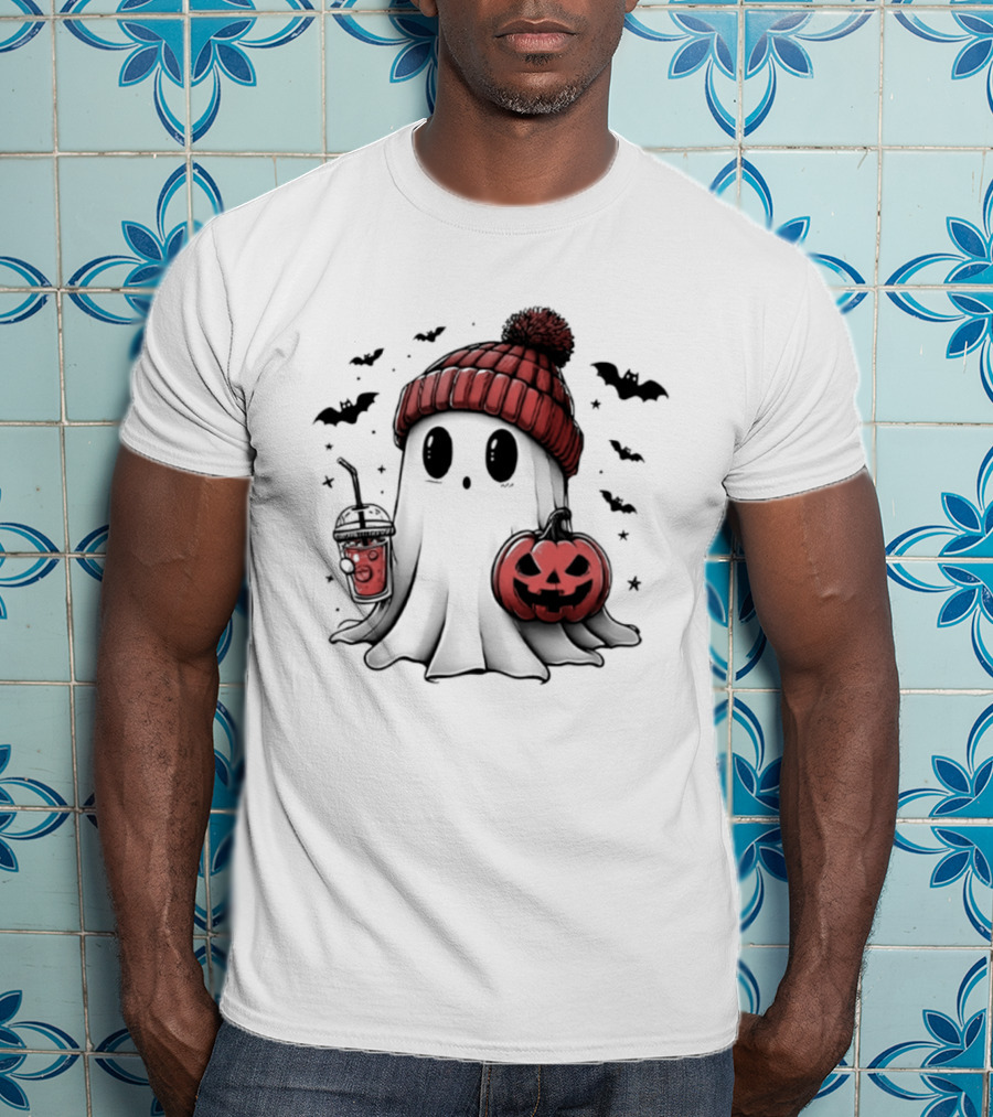 Ghost In Beanie With Pumpkin And Coffee Halloween 2026 T-Shirt