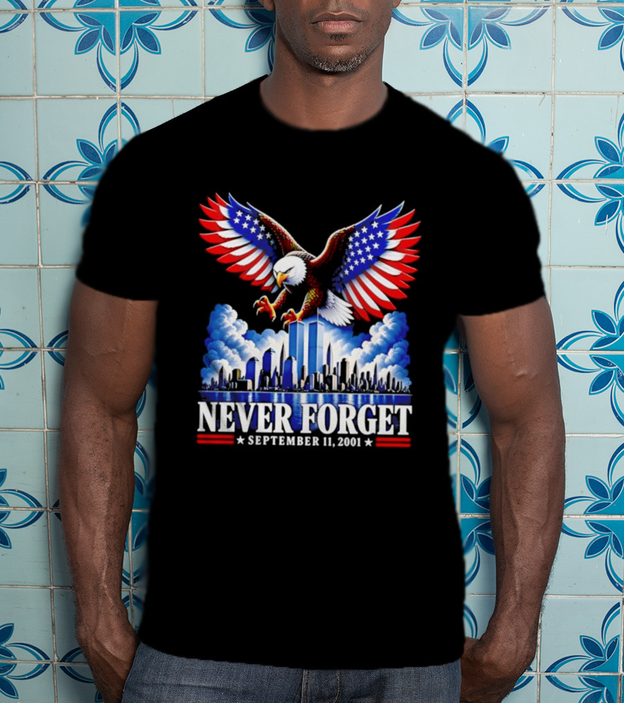 Never Forget September 11 2001 Eagle American Flag Twin Towers Memorial T-Shirt