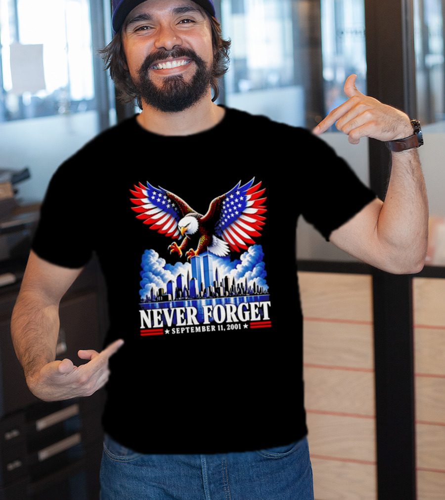 Never Forget September 11 2001 Eagle American Flag Twin Towers Memorial T-Shirt