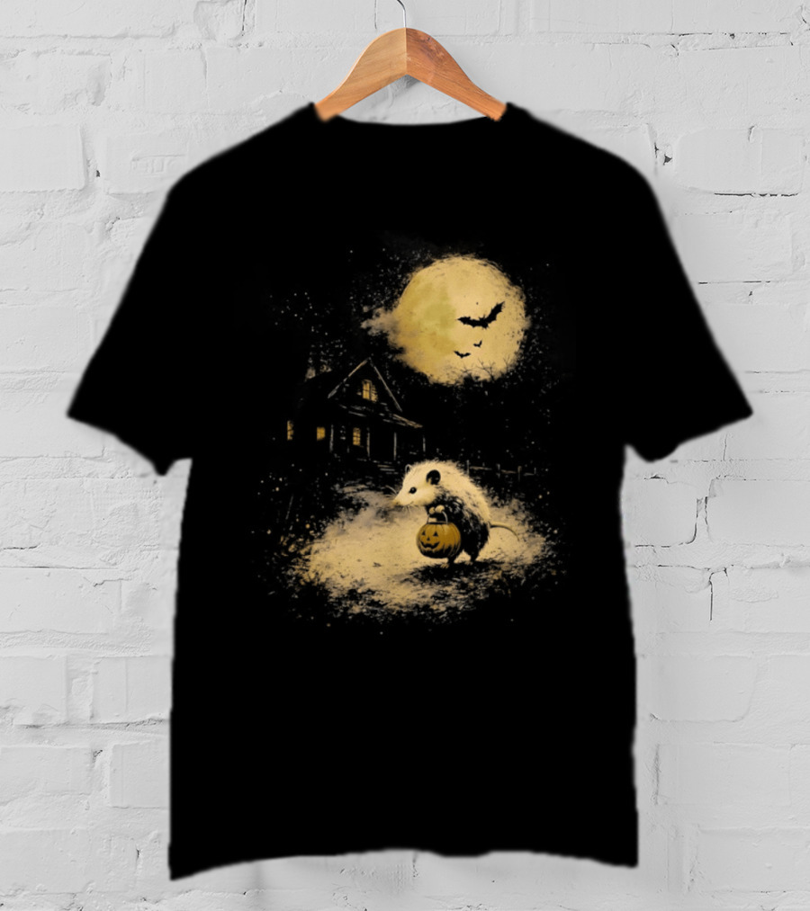 Opossum Halloween 2026 Pumpkin Spooky Moon Haunted House Scene T-Shirt