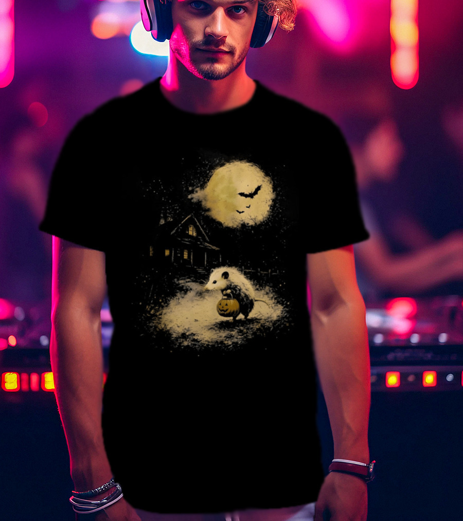 Opossum Halloween 2026 Pumpkin Spooky Moon Haunted House Scene T-Shirt