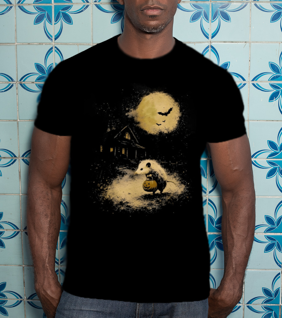 Opossum Halloween 2026 Pumpkin Spooky Moon Haunted House Scene T-Shirt