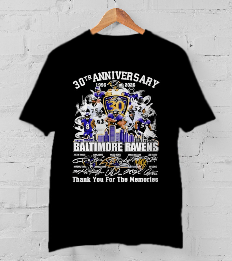 30th Anniversary Baltimore Ravens 1996 2026 Thank You For The Memories Signatures T-Shirt
