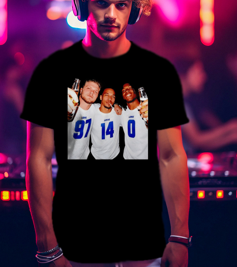 Detroit Lions Aidan Hutchinson Amon Ra St. Brown Jahmyr Gibbs Holding Beer Bottles Smoking Celebration T-Shirt