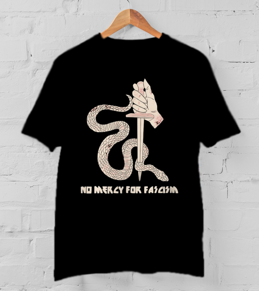 No Mercy For Fascism Snake Winding Around Dagger And Hand T-Shirt