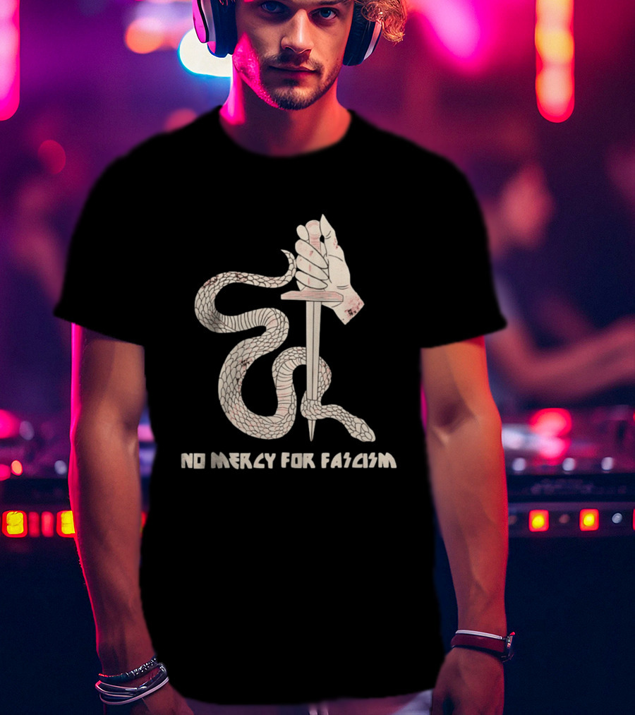 No Mercy For Fascism Snake Winding Around Dagger And Hand T-Shirt