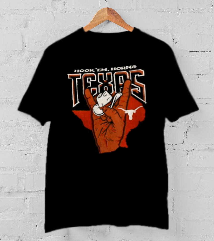 Hook 'em Texas Longhorns Hand Sign With Cowboy Hat And Longhorn T-Shirt