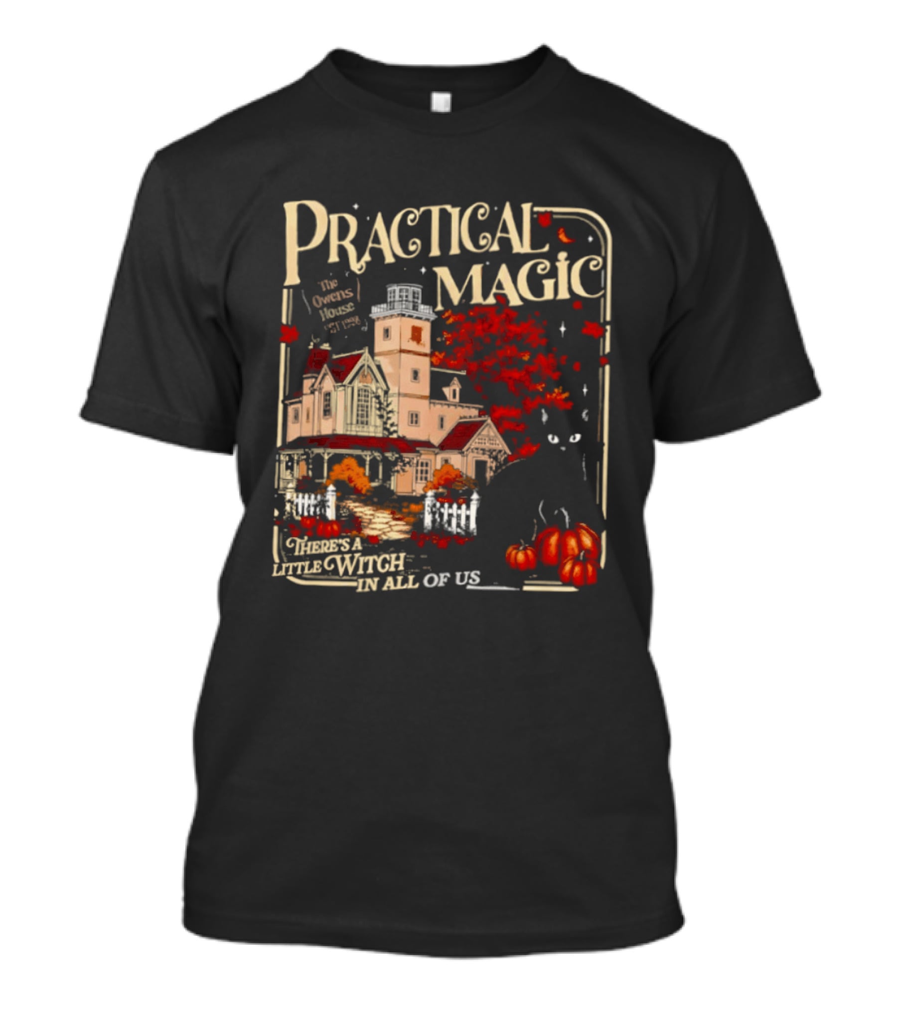 Practical Magic The Owens House Est 1998 There Is A Little Witch In All Of Us Pumpkin Autumn Scene T-Shirt