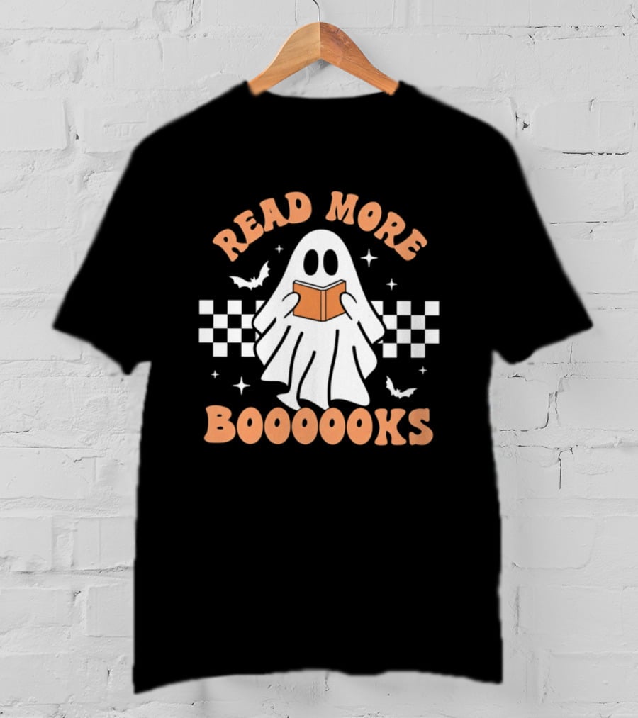 Read More Booooks Ghost Halloween Bat Checkerboard T-Shirt