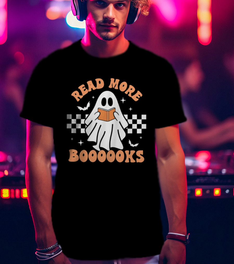 Read More Booooks Ghost Halloween Bat Checkerboard T-Shirt