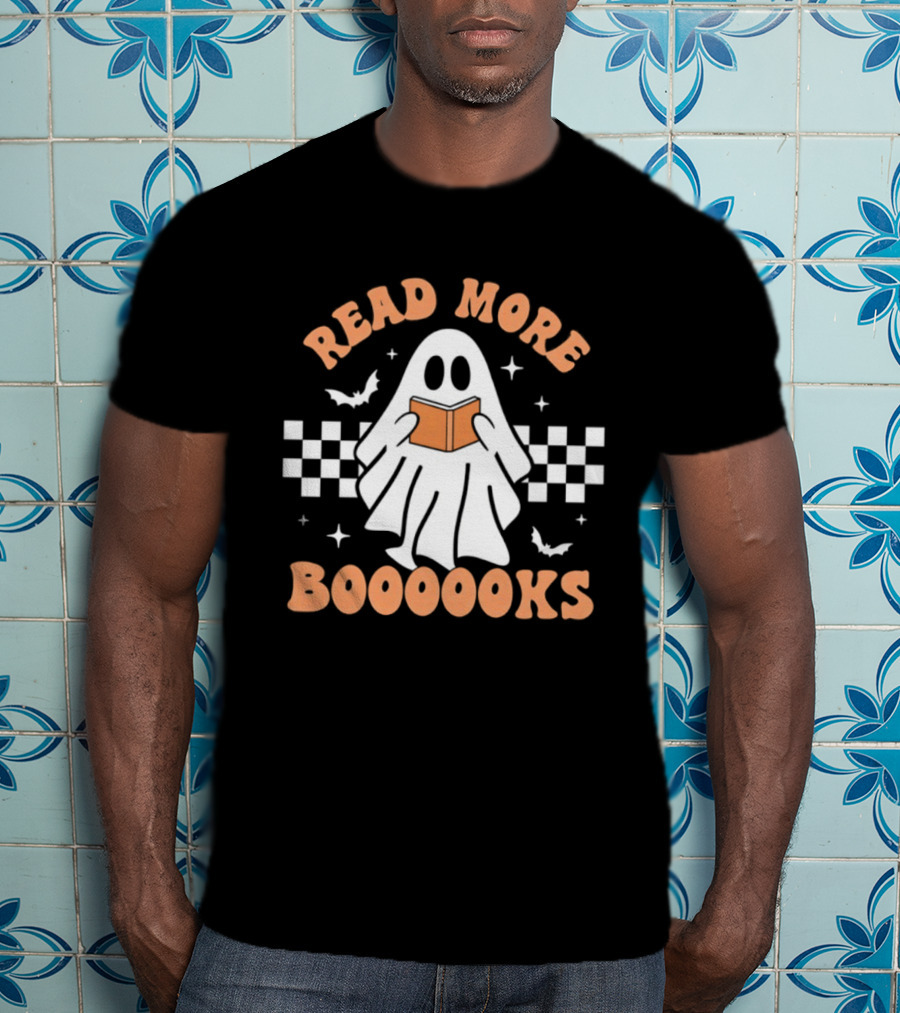 Read More Booooks Ghost Halloween Bat Checkerboard T-Shirt