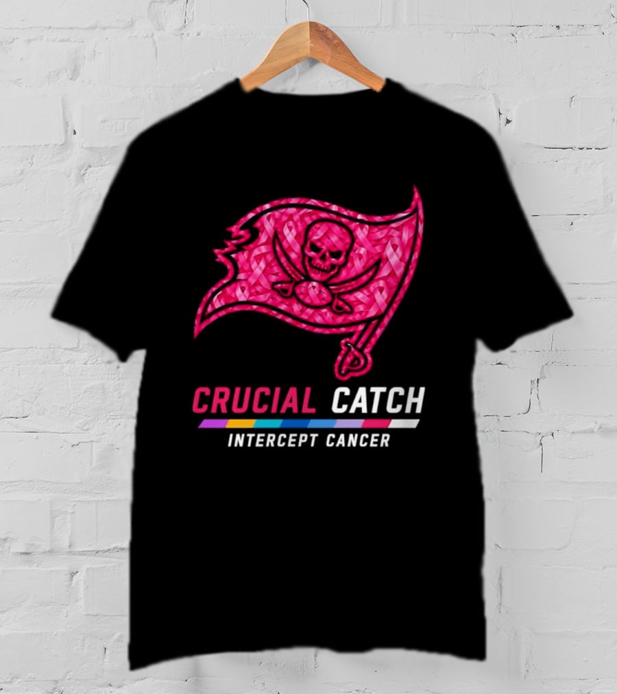 Tampa Bay Buccaneers 2026 Crucial Catch Intercept Cancer Pink Ribbon Flag T-Shirt