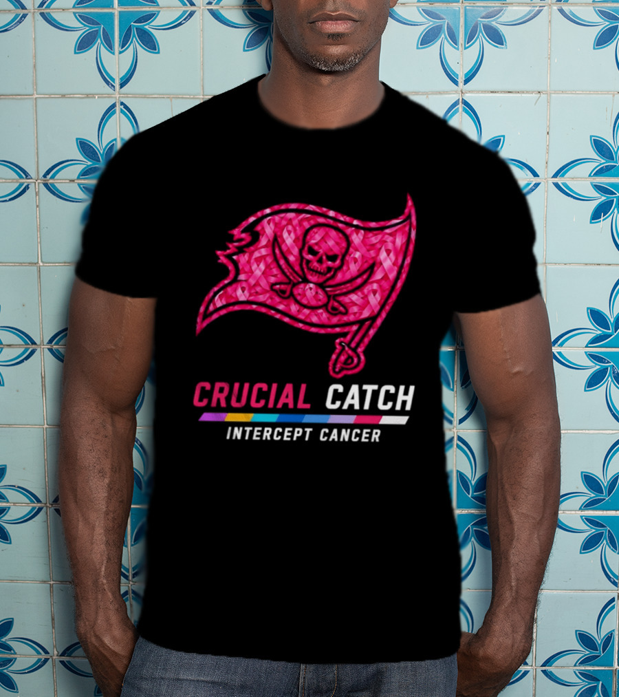 Tampa Bay Buccaneers 2026 Crucial Catch Intercept Cancer Pink Ribbon Flag T-Shirt