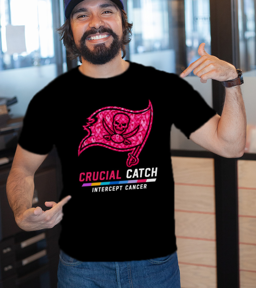 Tampa Bay Buccaneers 2026 Crucial Catch Intercept Cancer Pink Ribbon Flag T-Shirt