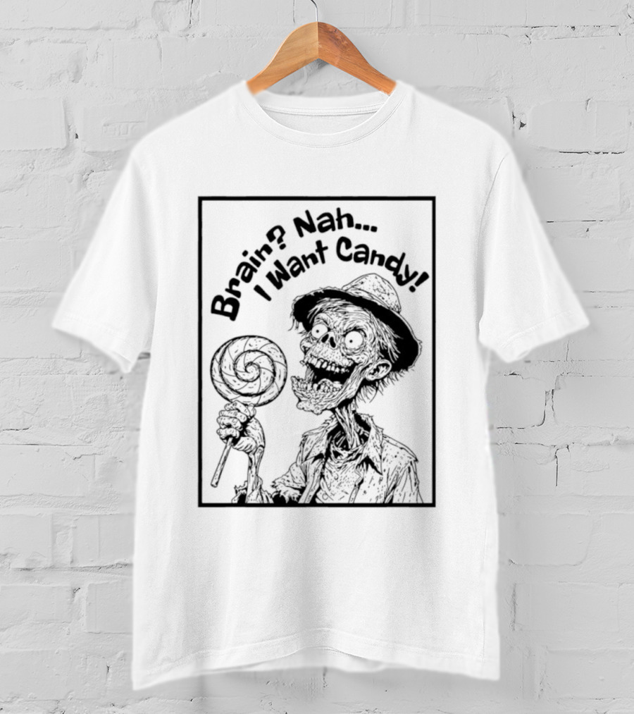 Halloween Zombie Eating Lollipop Brain Nah I Want Candy Ghost T-Shirt
