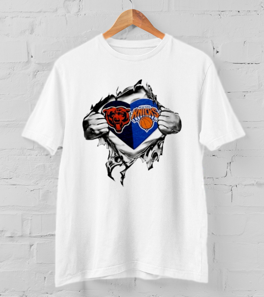 Chicago Bears New York Knicks Heart Symbol Fan Pride Collaboration T-Shirt