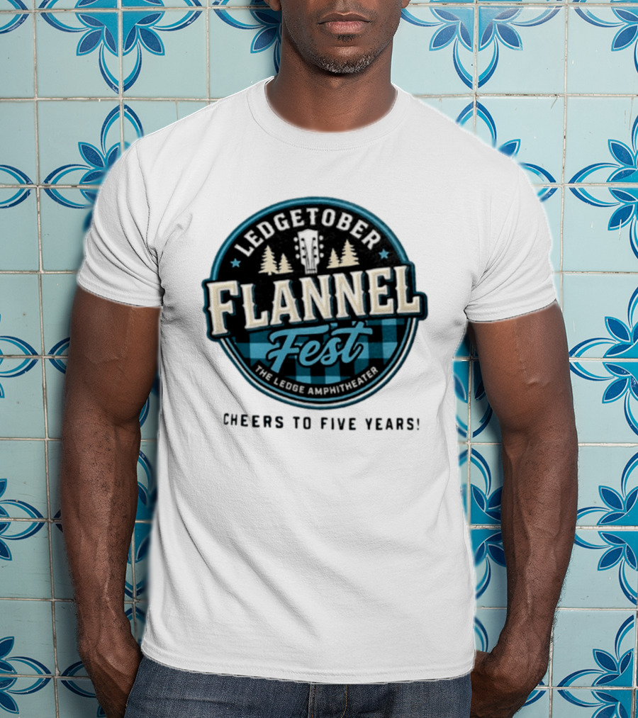 LedgeTober Flannel Fest The Ledge Amphitheater Cheers To Five Years Celebration With Trees And Guitar T-Shirt