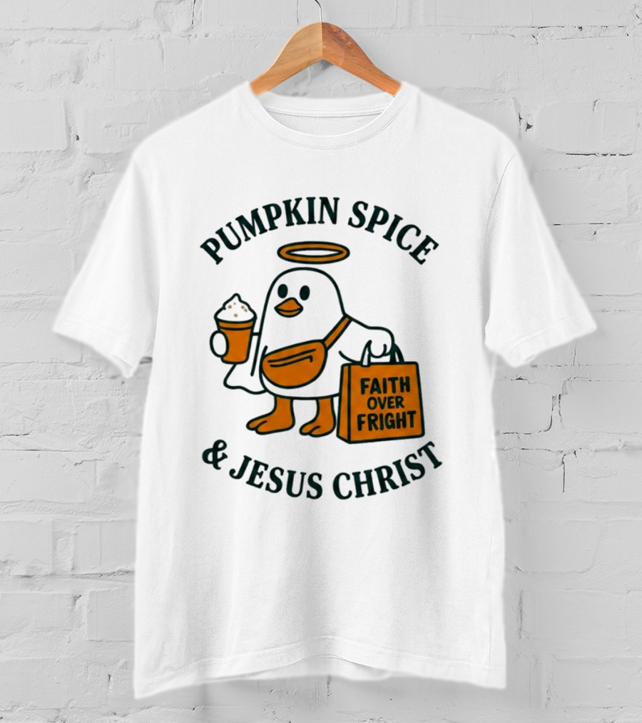 Pumpkin Spice Jesus Christ Faith Over Fright Angelic Penguin Coffee T-Shirt