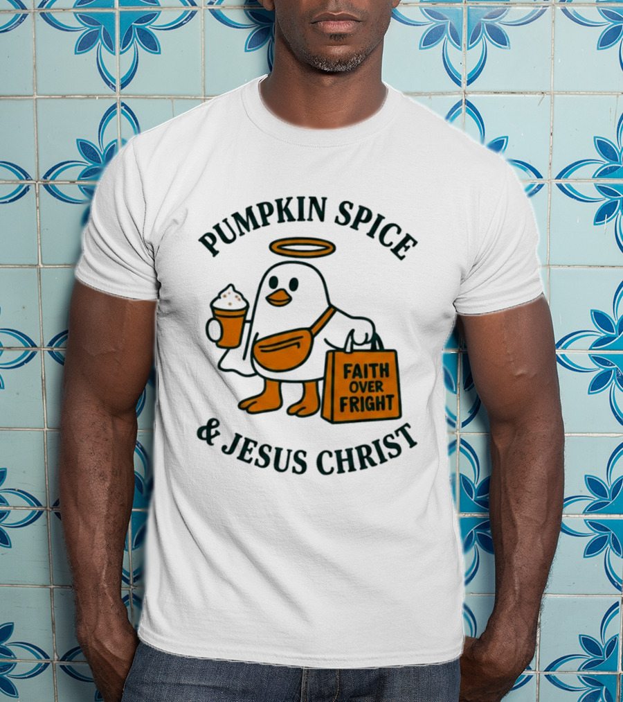 Pumpkin Spice Jesus Christ Faith Over Fright Angelic Penguin Coffee T-Shirt