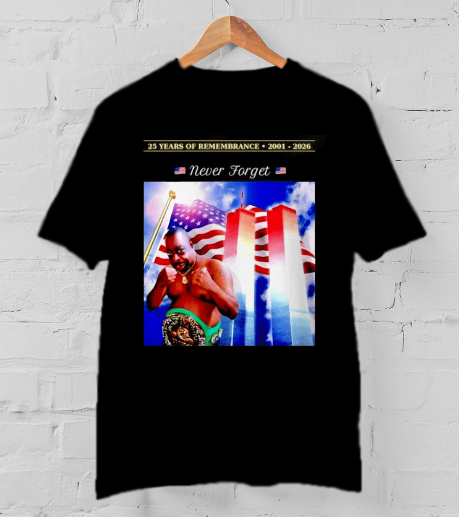 25 Years Of Remembrance 2001 2026 Beetlejuice Never Forget Twin Towers Boxing Belt American Flag T-Shirt