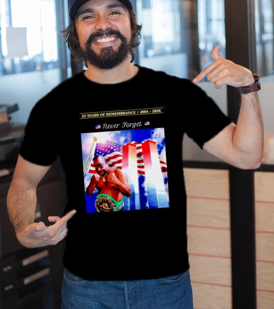 25 Years Of Remembrance 2001 2026 Beetlejuice Never Forget Twin Towers Boxing Belt American Flag T-Shirt