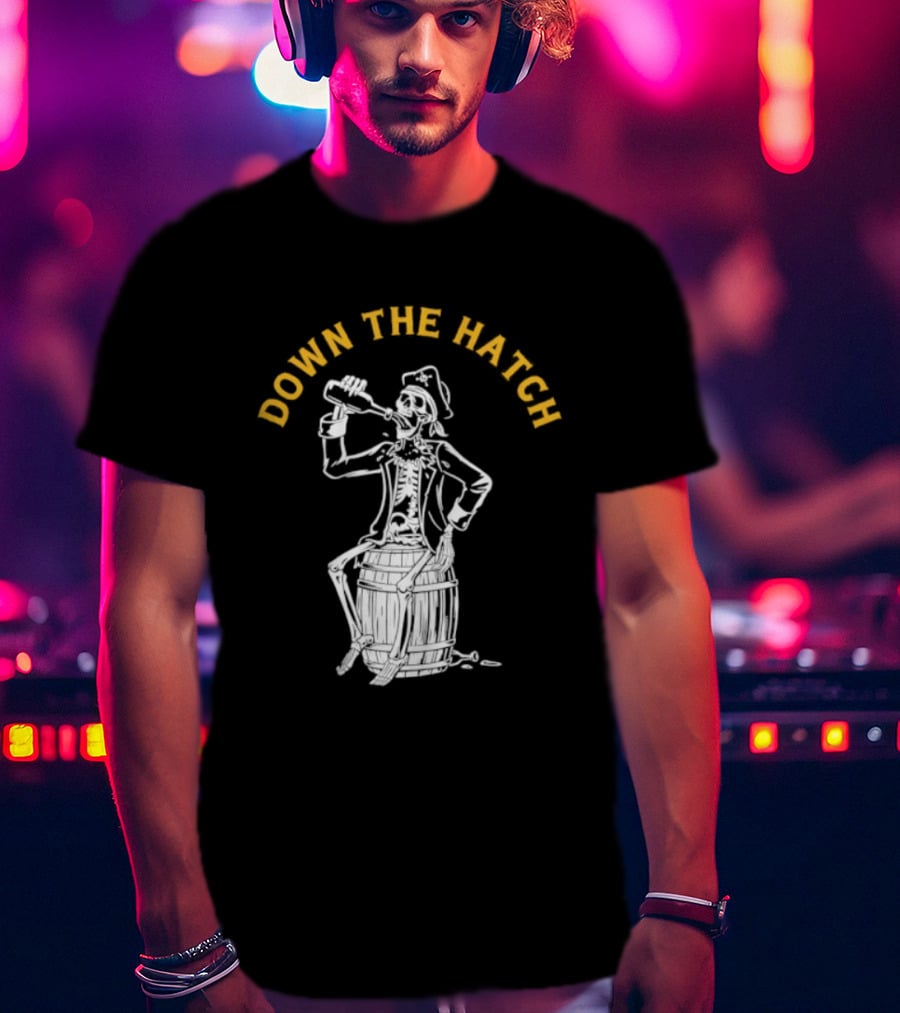 Down The Hatch Skeleton Pirate Drinking T-Shirt