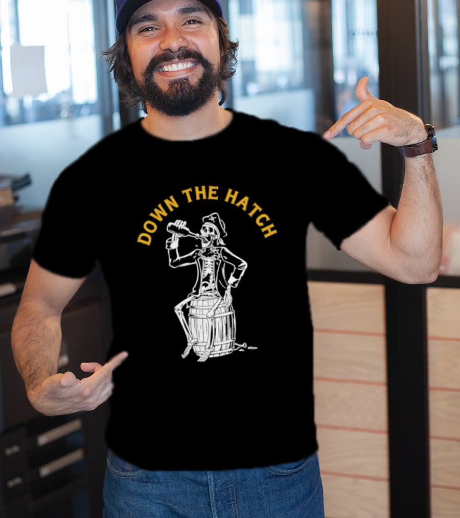Down The Hatch Skeleton Pirate Drinking T-Shirt