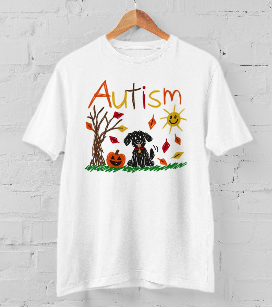 Autism Dog Pumpkin Halloween Fall Leaves Drawing T-Shirt