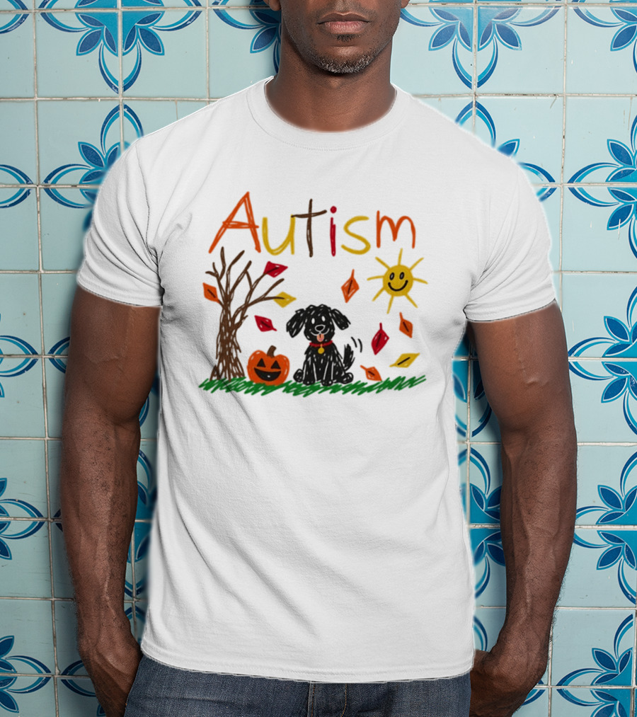 Autism Dog Pumpkin Halloween Fall Leaves Drawing T-Shirt