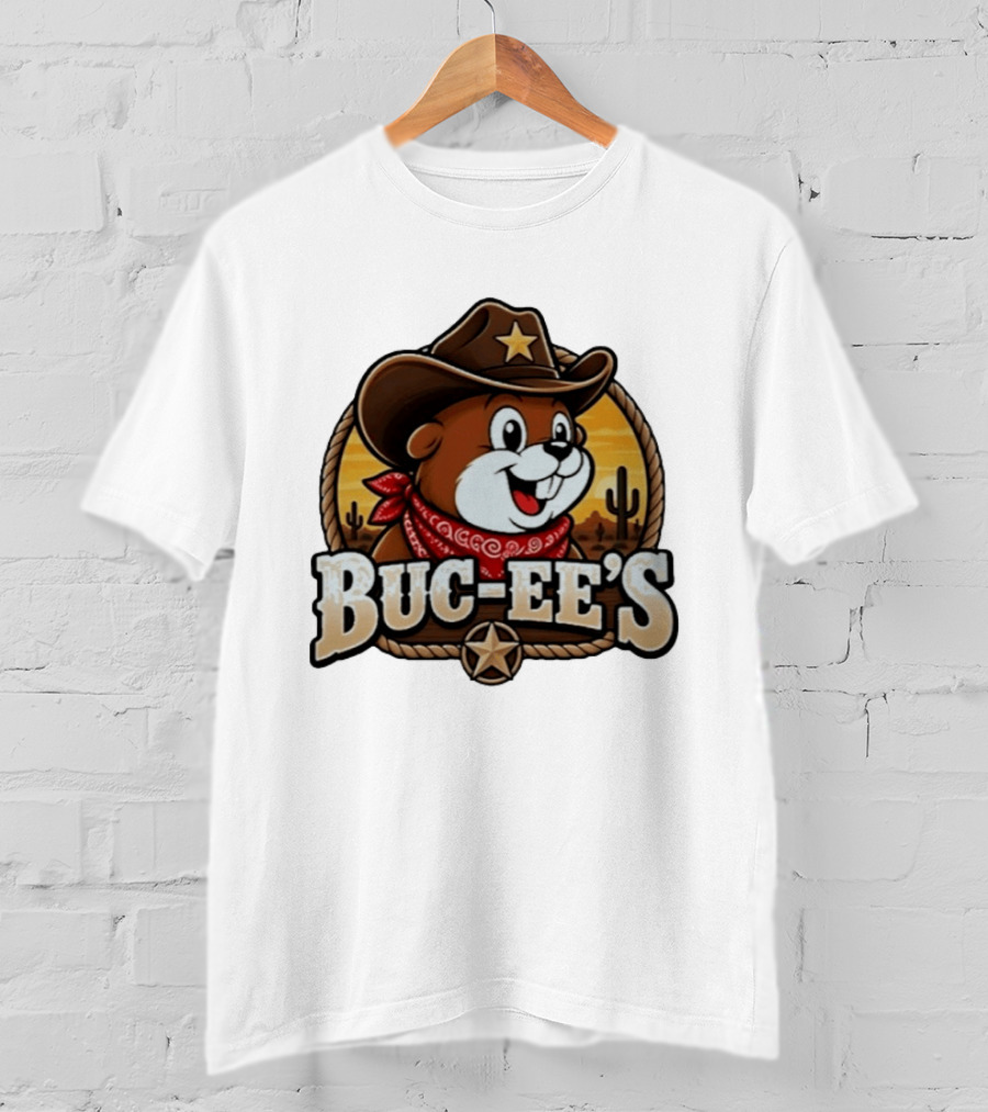 Buc Ee's Cowboy Howdy Beaver Star Bandana Cacti Desert Scene T-Shirt