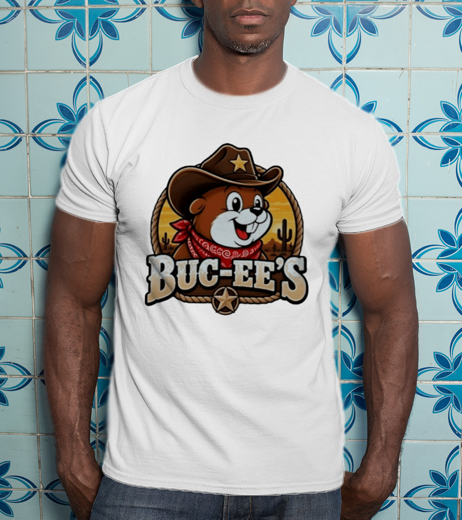 Buc Ee's Cowboy Howdy Beaver Star Bandana Cacti Desert Scene T-Shirt