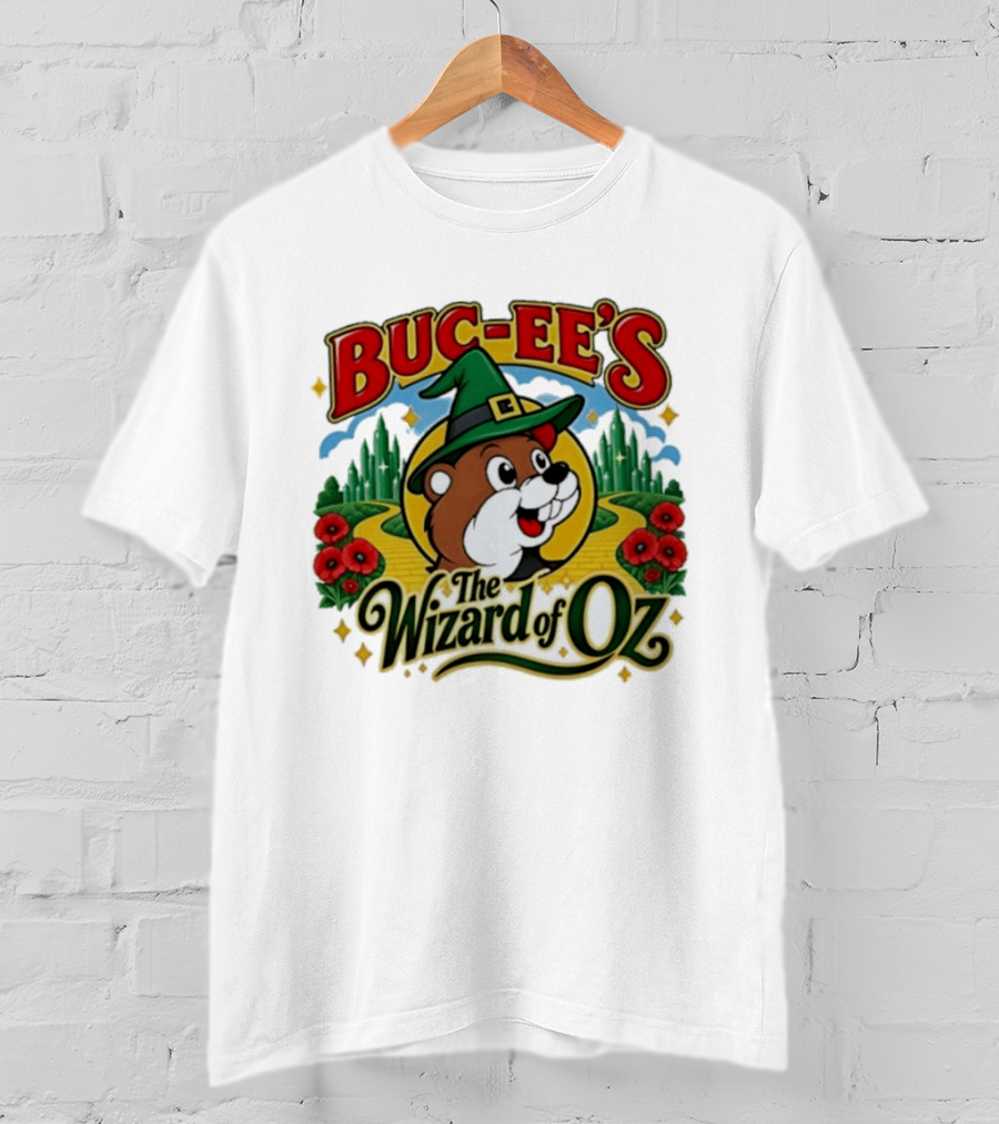 Buc Ee's The Wizard Of Oz Themed Parody With Beaver In Green Hat And Yellow Brick Road T-Shirt