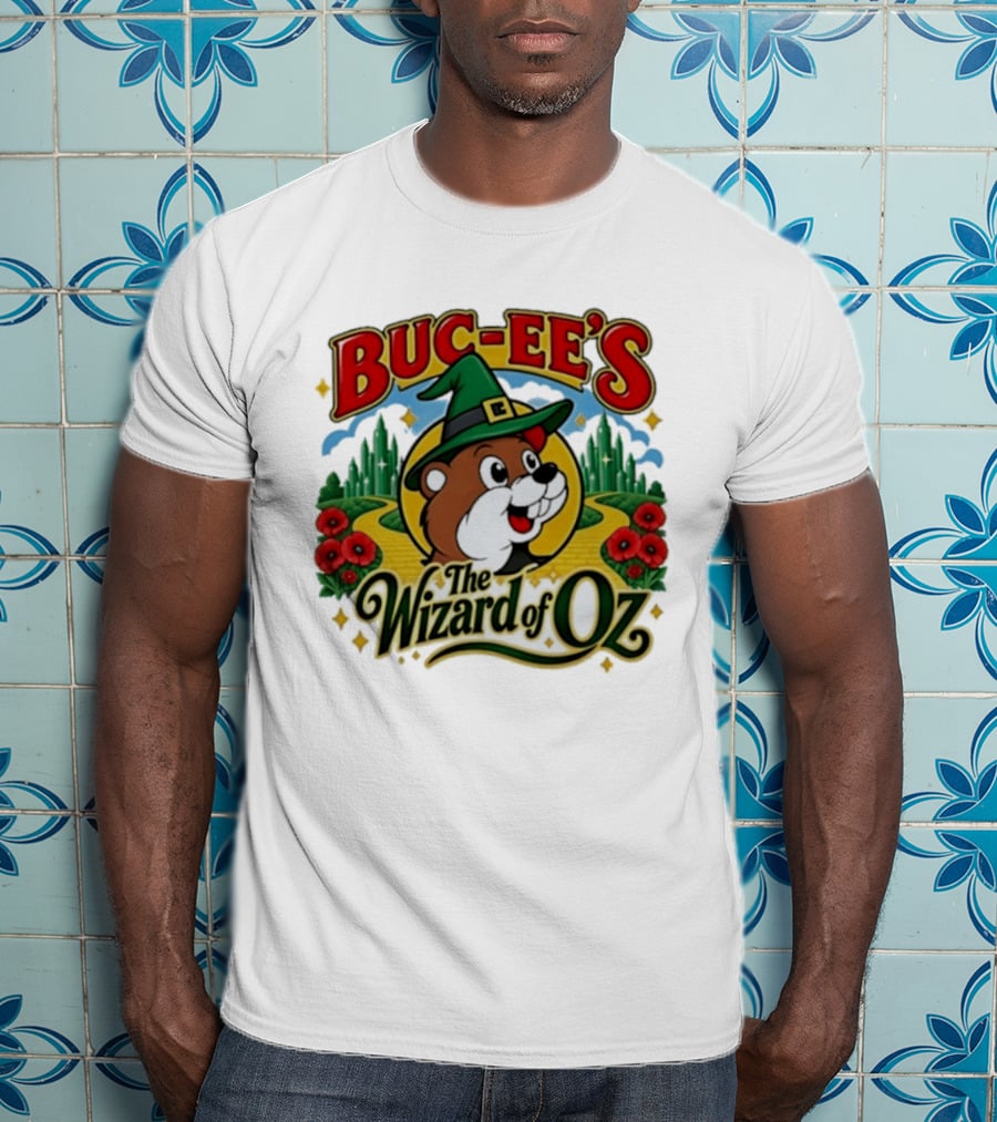 Buc Ee's The Wizard Of Oz Themed Parody With Beaver In Green Hat And Yellow Brick Road T-Shirt
