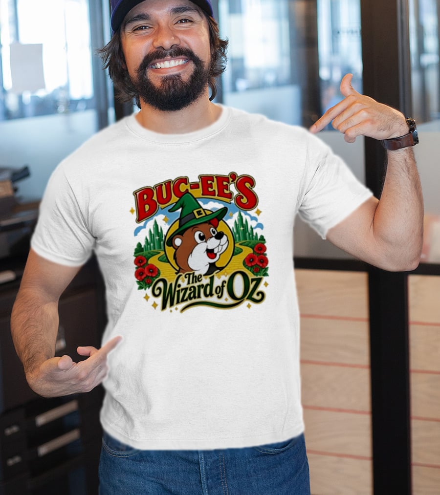 Buc Ee's The Wizard Of Oz Themed Parody With Beaver In Green Hat And Yellow Brick Road T-Shirt