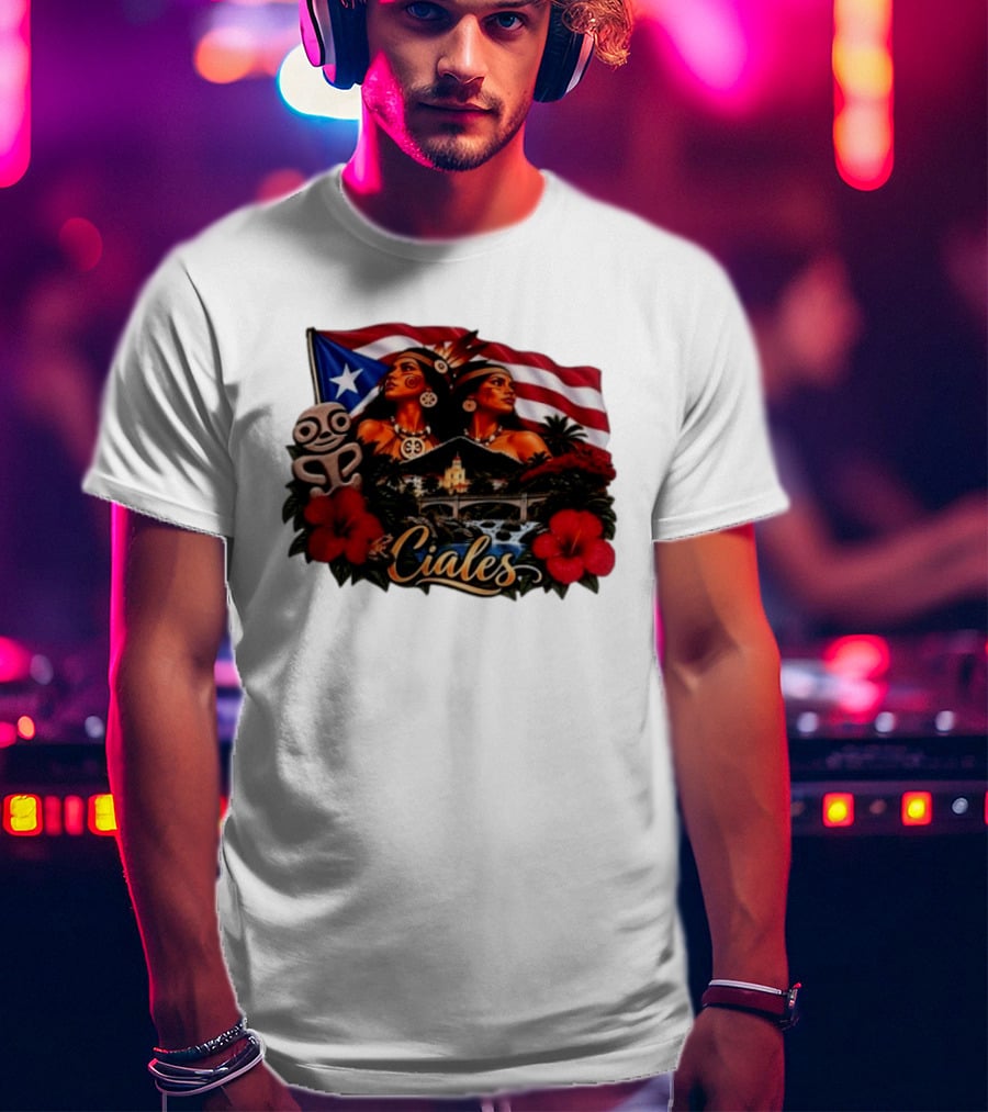 Ciales Puerto Rico Taino Women With Flag Hibiscus Flowers And Indigenous T-Shirt