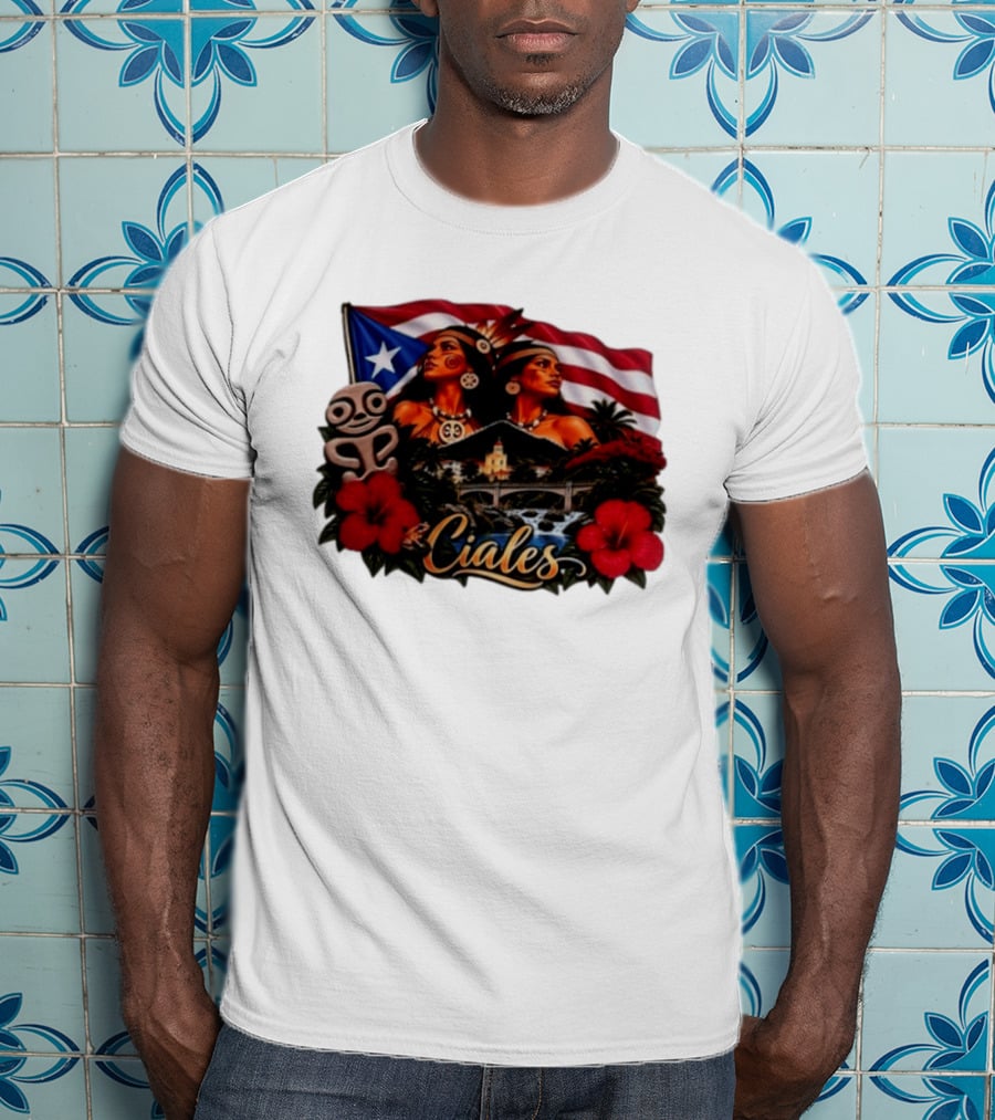 Ciales Puerto Rico Taino Women With Flag Hibiscus Flowers And Indigenous T-Shirt