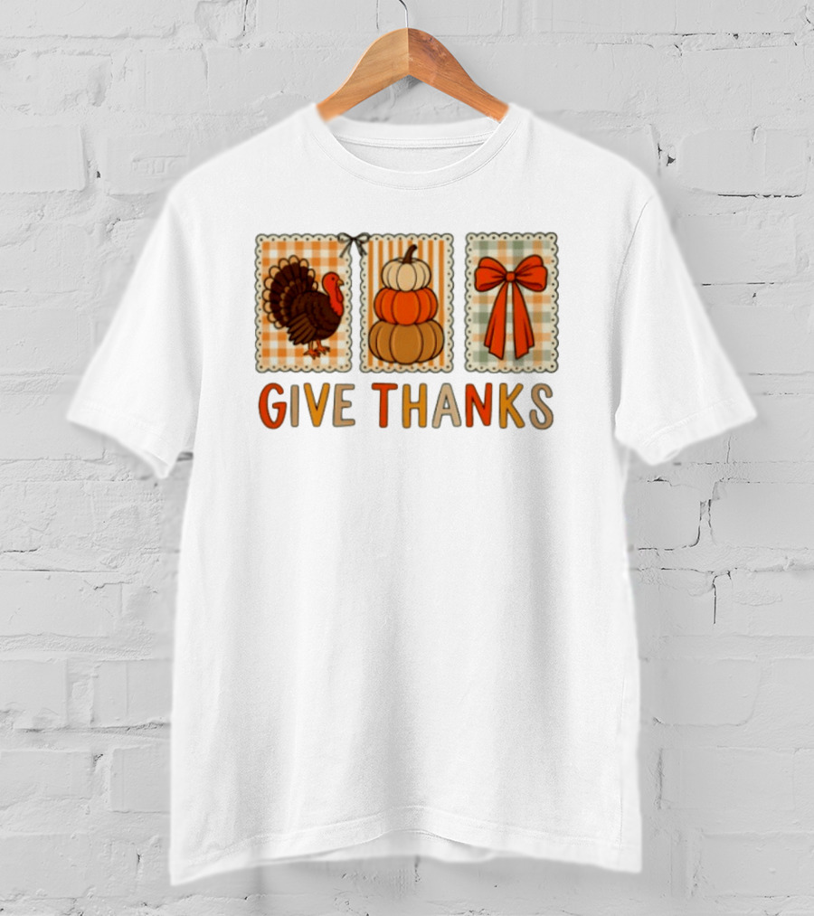 Thanksgiving Give Thanks Turkey Pumpkin Bow Harvest Celebration T-Shirt