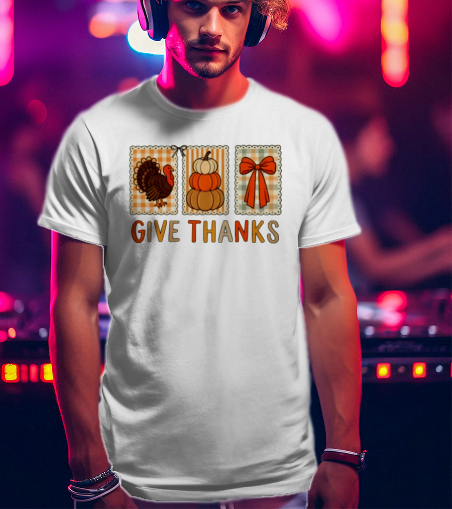 Thanksgiving Give Thanks Turkey Pumpkin Bow Harvest Celebration T-Shirt