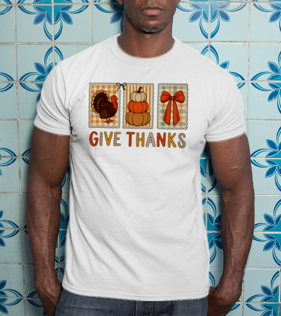 Thanksgiving Give Thanks Turkey Pumpkin Bow Harvest Celebration T-Shirt