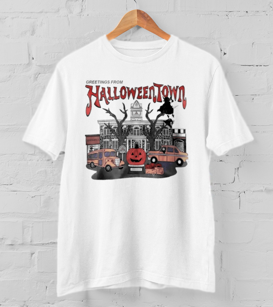 Greetings From Halloweentown Pumpkin Bus Witches Taxi T-Shirt
