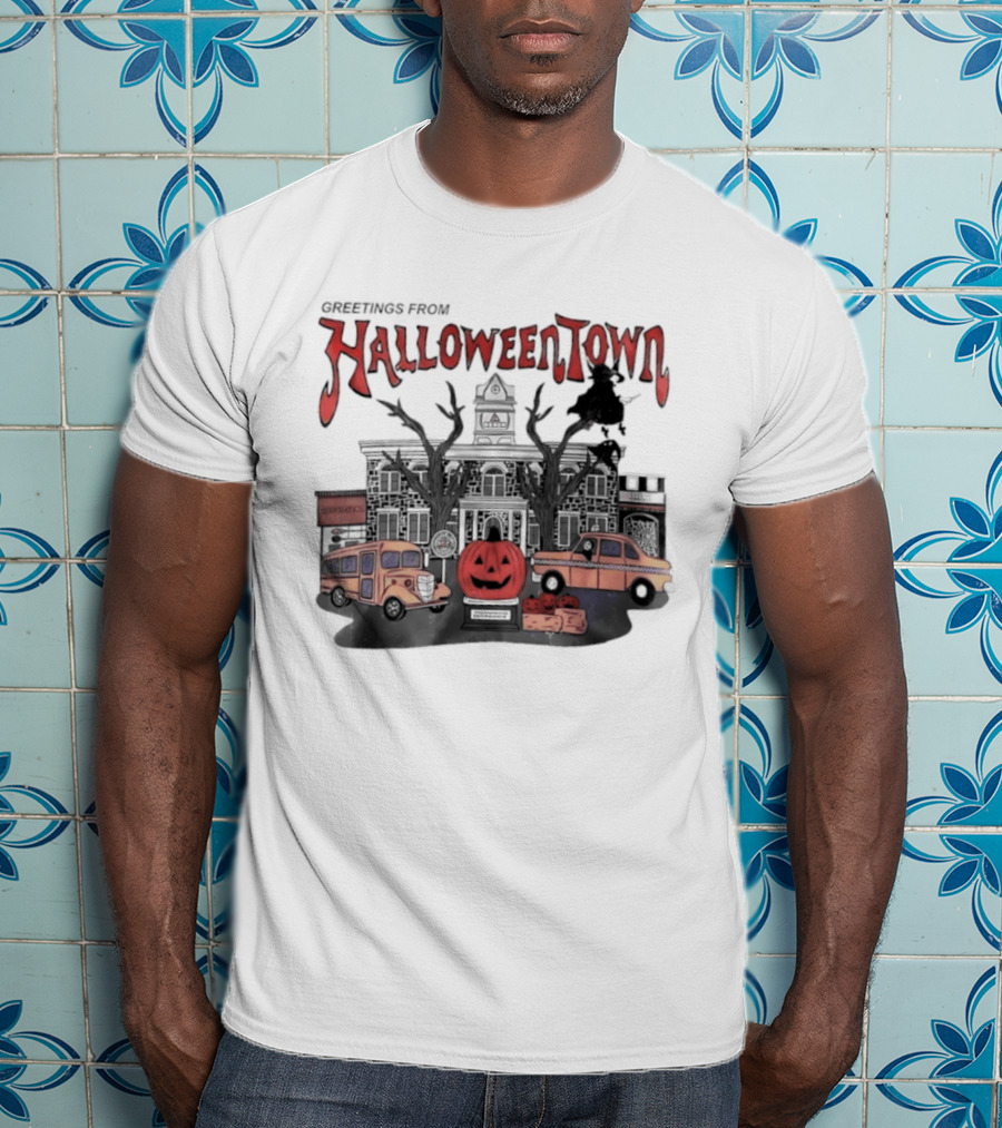 Greetings From Halloweentown Pumpkin Bus Witches Taxi T-Shirt
