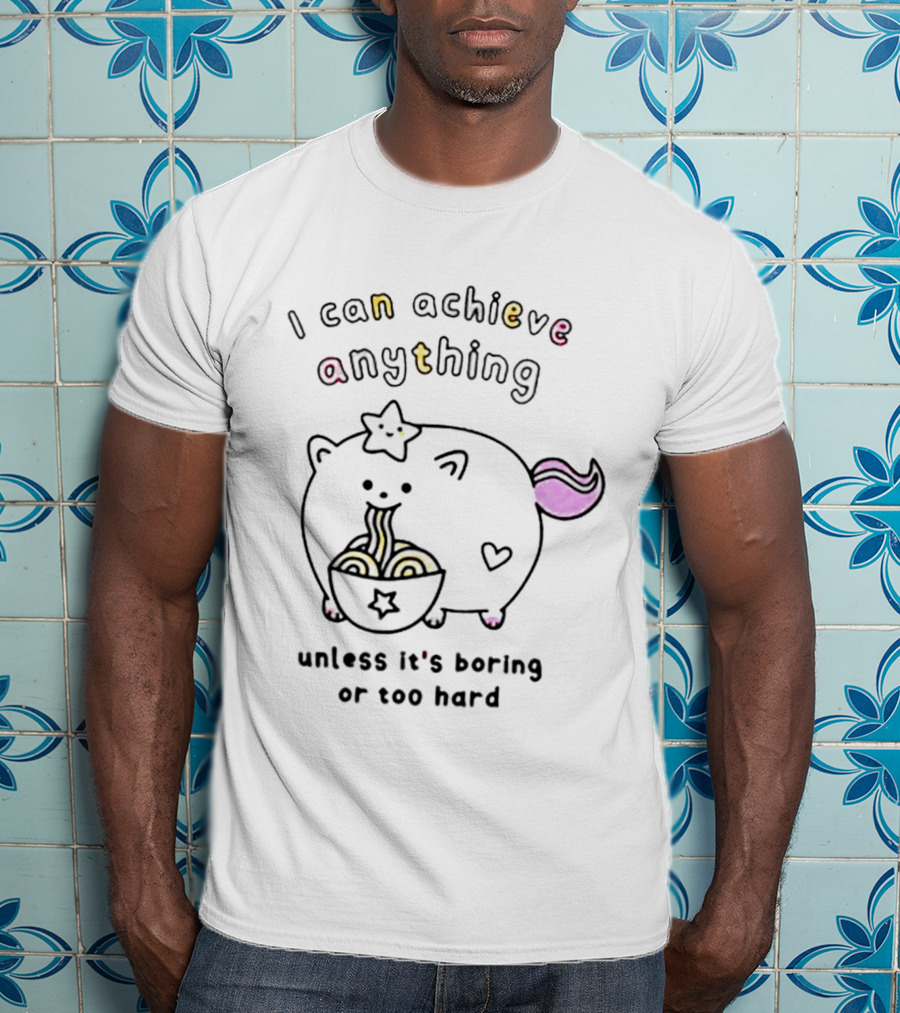 I Can Achieve Anything Cute Starry Cat Eating Noodles Unless It's Boring Or Too Hard T-Shirt