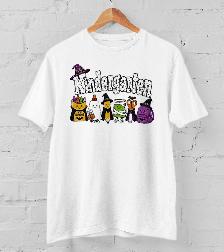 Kindergarten Crayons Ghost Bat Pumpkin Mummy Scissors Backpack Halloween T-Shirt