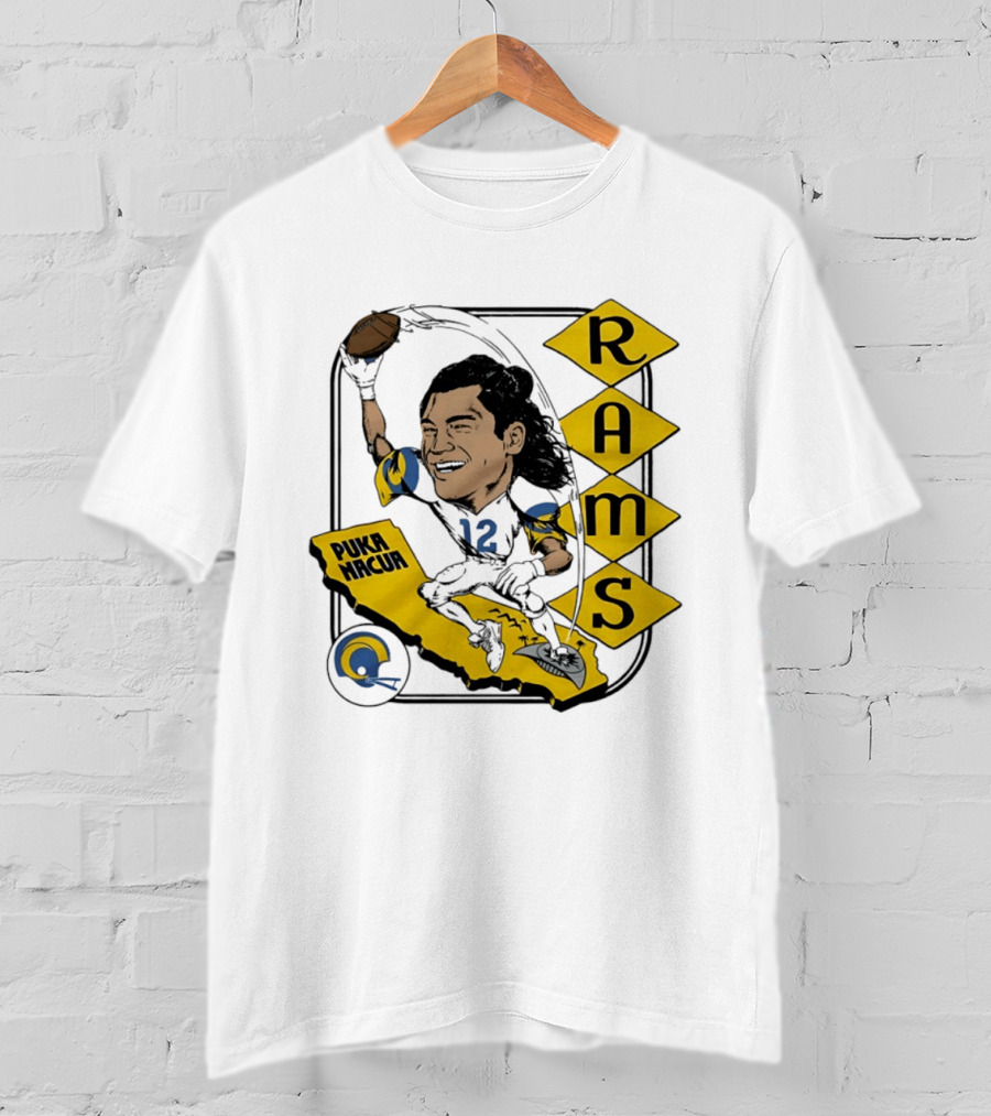 Los Angeles Rams Puka Nacua Caricature Football Player California Map T-Shirt