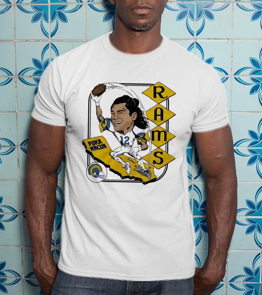 Los Angeles Rams Puka Nacua Caricature Football Player California Map T-Shirt