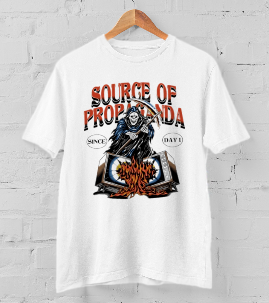 Source Of Propaganda Since Day 1 Grim Reaper Over Burning Television T-Shirt
