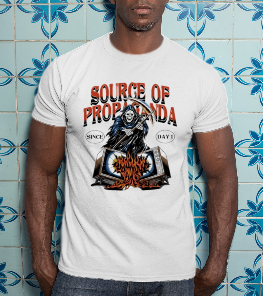 Source Of Propaganda Since Day 1 Grim Reaper Over Burning Television T-Shirt